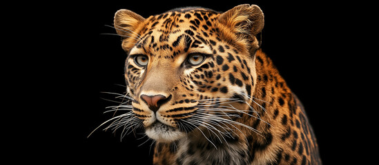 Naklejka premium Majestic leopard portrait isolated on black background wildlife conservation image