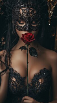 beautiful woman with mask and red lipstick, holding a rose in her mouth,
