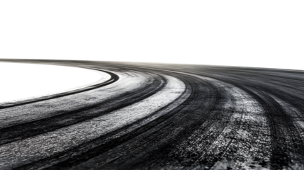 Race track with sharp curve and skid marks, isolated on white background