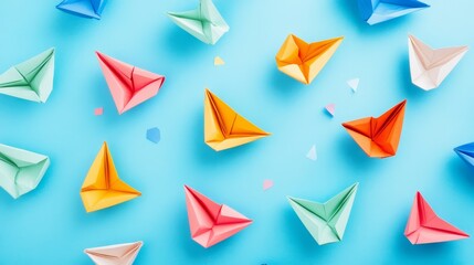 Colorful Paper Boats Floating on Blue Background