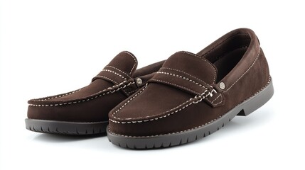 Brown Suede Leather Loafers with White Stitching