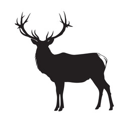 Deer silhouette on a transparent background. Black outline deer, simple silhouette of forest animal. Isolated graphic design element. Vector illustration.