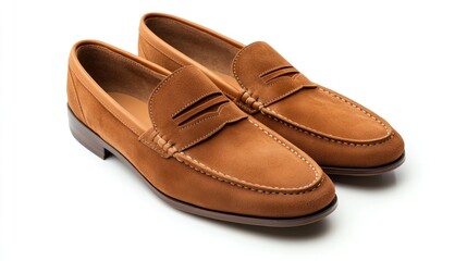 Naklejka premium Brown Suede Leather Loafers with White Stitching
