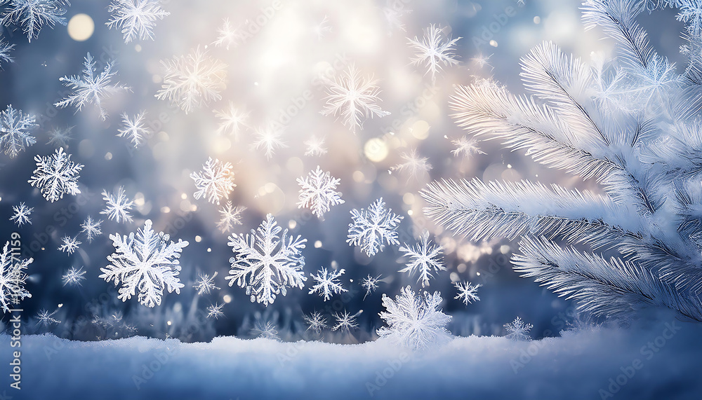 Poster Soft white snowflakes fall gently on a serene winter scene with a subtle Christmas backgrou_1(600)