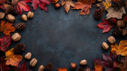 Autumn Leaves and Pine Cones Frame on Dark Background