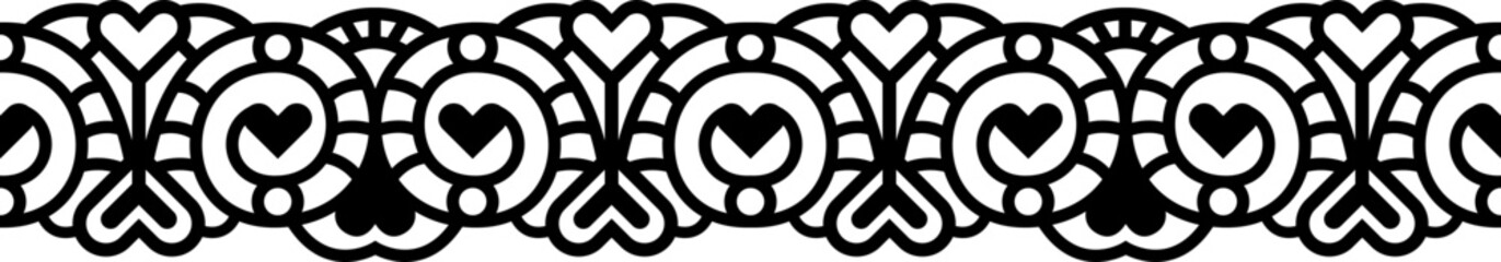 Abstract seamless lace trim border with hearts. Ornamental decorative belt pattern