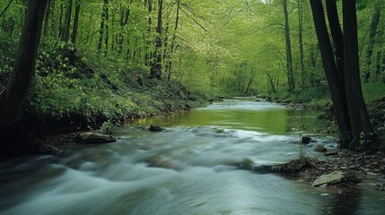 Obraz premium A Serene Forest Stream with Smooth, Blurred Water