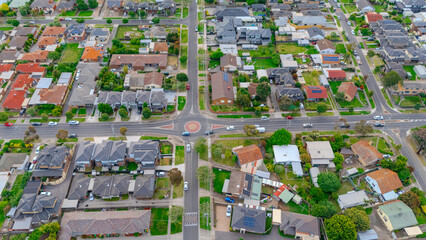 Panoramic aerial drone view of Northern Melbourne Suburbs with Houses roads and parks in Melbourne Victoria Australia