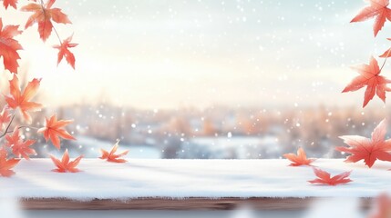 Frozen fallen leaves on wooden table top covered with thin layer of first snow. Forest at late autumn or beginning of winter. Maple leaves with soft backlight from rising sun. Winter season cozy atmos