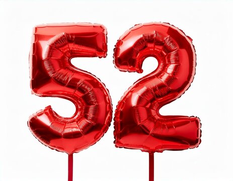 数字の52の形の赤い風船（Number 52 red foil balloon on white background）
