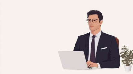 Focused businessman working on his laptop, a plant beside him in a minimalist office setting.