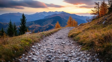 Fototapeta premium Hiking trail, vibrant colors, scenic routes, dynamic action, inviting