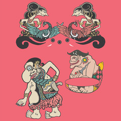 group of  unique puppet as javanesse symbol in red vintage colours 