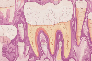 A detailed 3D anatomical model of tooth structure, illustrating the layers and components of tooth anatomy, including enamel, dentin, pulp, and root