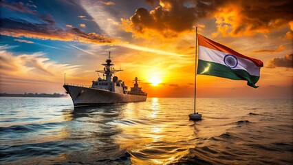Celebrate Indian Navy Day with a Flag and Silhouette Naval Ship in a Stunning Documentary Photography Style