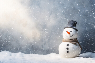 little cute snowman in hat and scarf over snowfall background with copy space