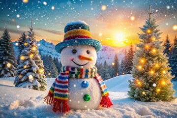 Obraz premium Charming Winter Postcard Featuring a Snowman in a Snowy Landscape for Holiday Greetings