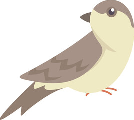 Small cute bird standing and turning its head to the side, colorful cartoon illustration on transparent background