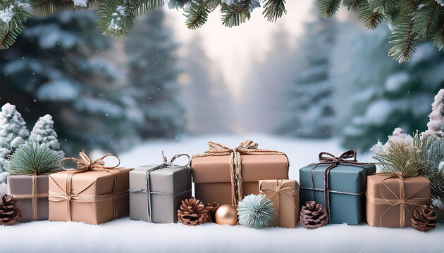 Snowy scene featuring rustic holiday gift boxes in muted colors arranged around a Christmas_1(577)