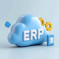 3D illustration of a cloud with ERP text, gears, and a tablet icon representing cloud-based enterprise resource planning solutions.