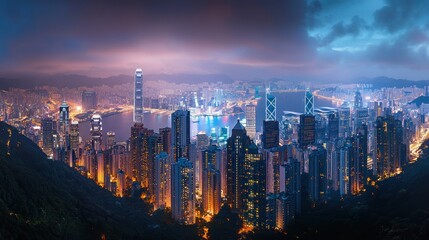 Obraz premium Nighttime View of Hong Kong's Illuminated Skyline and Harbor