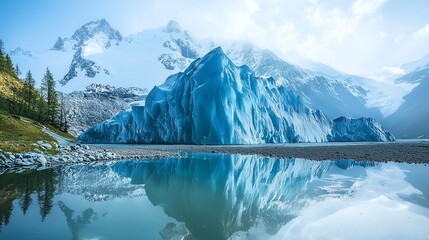 Blue glaciers reflecting snow capped mountains, emerald green pine forests accompanying tranquil lakes