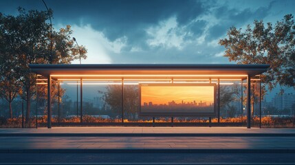 Fototapeta premium Tranquil Bus Stop at Sunset with City View