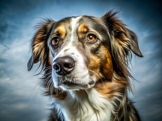 Fototapeta premium Close-Up Long Exposure of Dog's Face with Head Tilted Against Black Background for Pet Lovers and Animal Photography