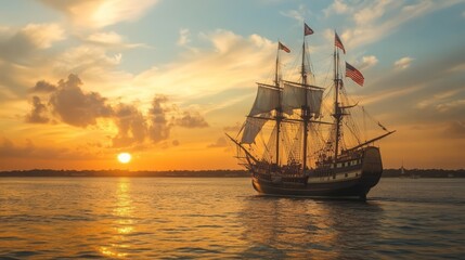 Fototapeta premium Majestic Tall Ship Sailing at Sunset with Colorful Sky