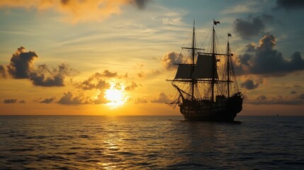 Historic Sailing Ship at Sunset on Tranquil Ocean
