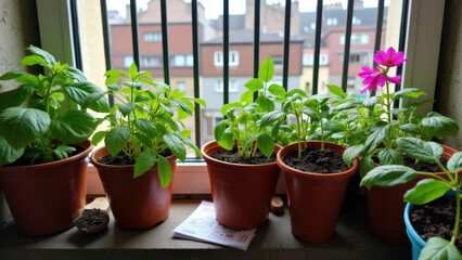 Fototapeta premium A collection of orange terra cotta pots filled with small plants on a window sill.