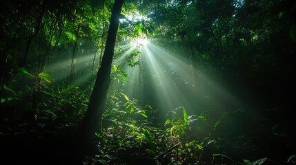 Fototapeta premium Dark rainforest, sun rays through the trees