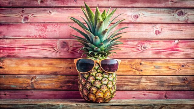 A pineapple wearing sunglasses against a backdrop of weathered wood, embracing summer vibes and a cool, carefree attitude.