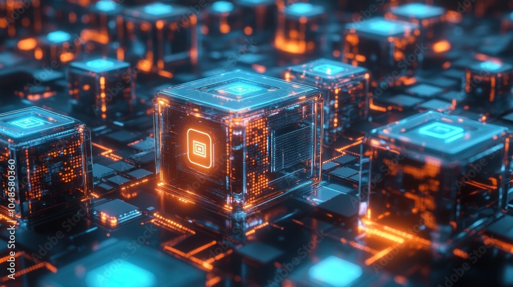 Poster abstract 3d render of glowing cubes with orange and blue lights on a circuit board