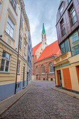 Old street in old Riga. The city is capital of Latvia that is well known to be a very popular tourism destination in the Baltic region