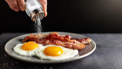Sprinkles eggs and bacon with salt from a shaker. An excess of sodium chloride mineral can lead to the development of heart and metabolism diseases
