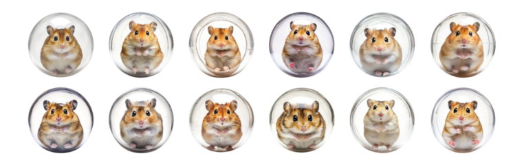 Pack of Hamster inside a transparent hamster ball set against transparent background