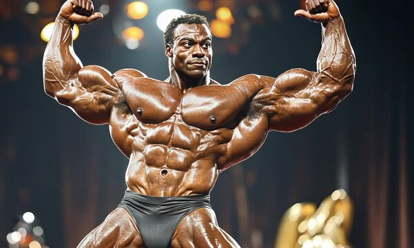 Bodybuilder Showcasing Front Double Biceps Pose At Show | Muscle Definition and Strength Display
