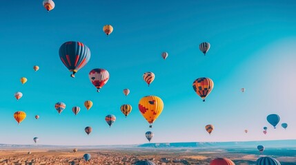Naklejka premium Hot air balloons flying over mountain at sunrise