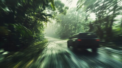 Car driving on a forest road. Motion blur of a car driving through a lush green forest, focusing on the wheel and the road