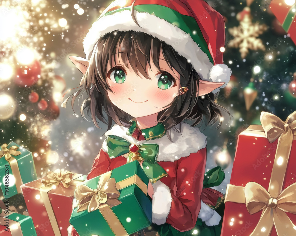 Wall mural anime girl in festive red and green elf costume, holding gifts with joyful expression, surrounded by