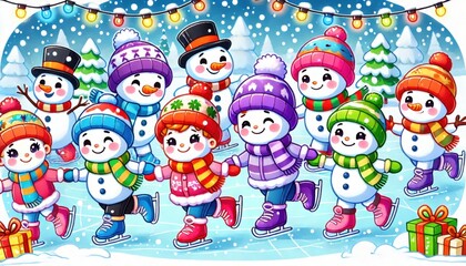 Naklejka premium Snowmen and Children Ice Skating in Winter Wonderland