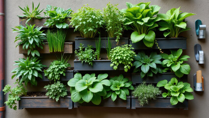 Wall-mounted wooden planter box filled with various green herbs and plants.