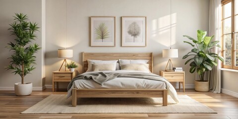 A minimalist bedroom with a wooden bed frame, bedside tables, and floor lamp, featuring a soft rug and green plants for a natural touch.