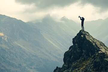Silhouetted Person Holding Megaphone on Mountain Peak Shouting Across Valley