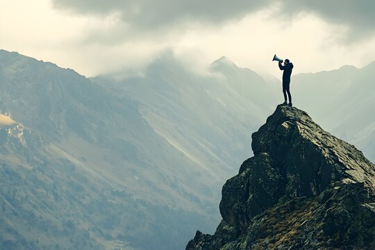Silhouetted Person Holding Megaphone on Mountain Peak Shouting Across Valley
