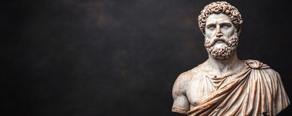 Fototapeta premium Ancient statue with spotlight, black studio background, classic art and history