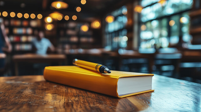 A yellow book and pen on a wooden table in a cozy library setting, creating a sense of tranquility and focus