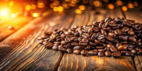 Obraz premium A Close-Up of Roasted Coffee Beans on a Rustic Wooden Table With Warm Golden Lights Blurred in the Background