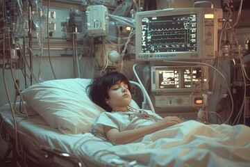 A young child rests in a hospital bed connected to medical monitors, representing care, hope, and the resilience of healthcare for young patients.
